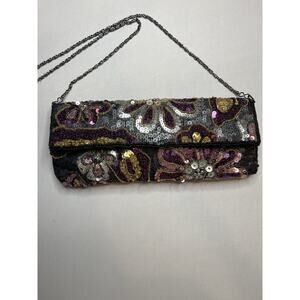 Jessica McClintock Vintage Sequin Clutch Black Satin Sequin Flowers Evening Bag